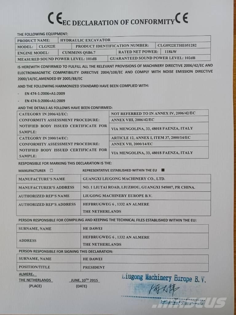 LiuGong CLG 922 E Excavadoras de cadenas