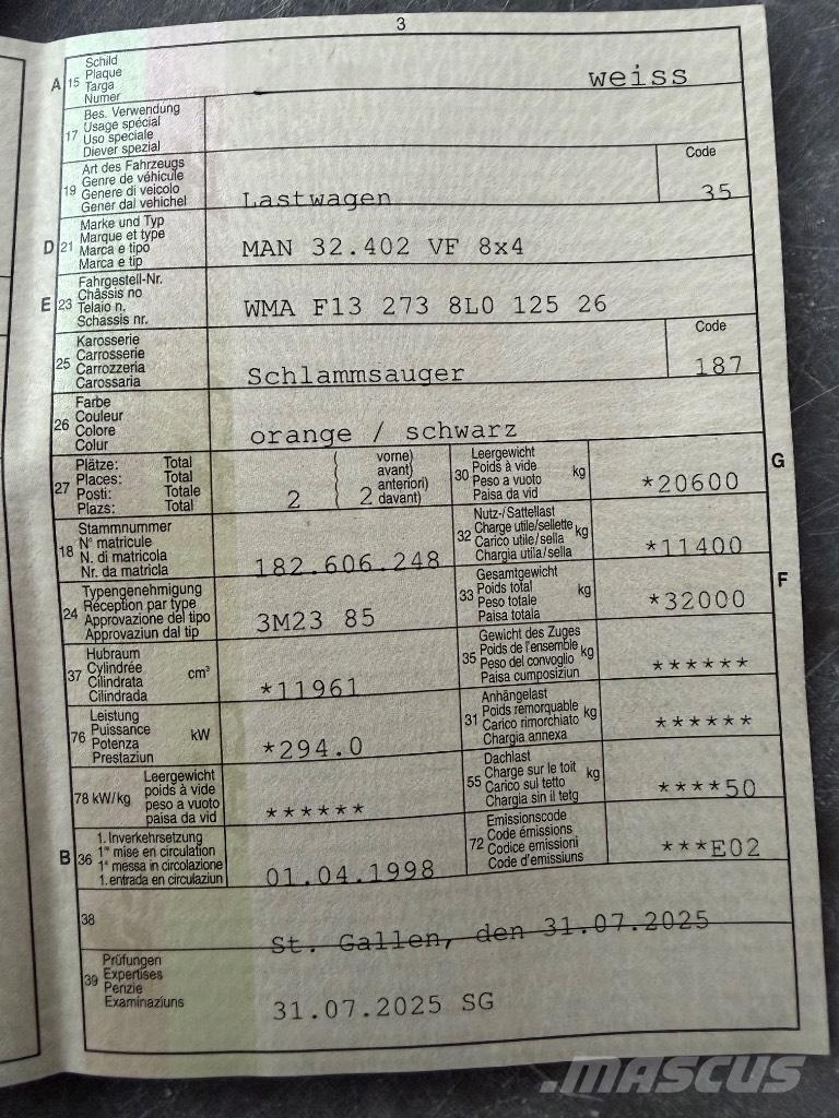 MAN 32.402 VF 8x4 Camiones aspiradores/combi