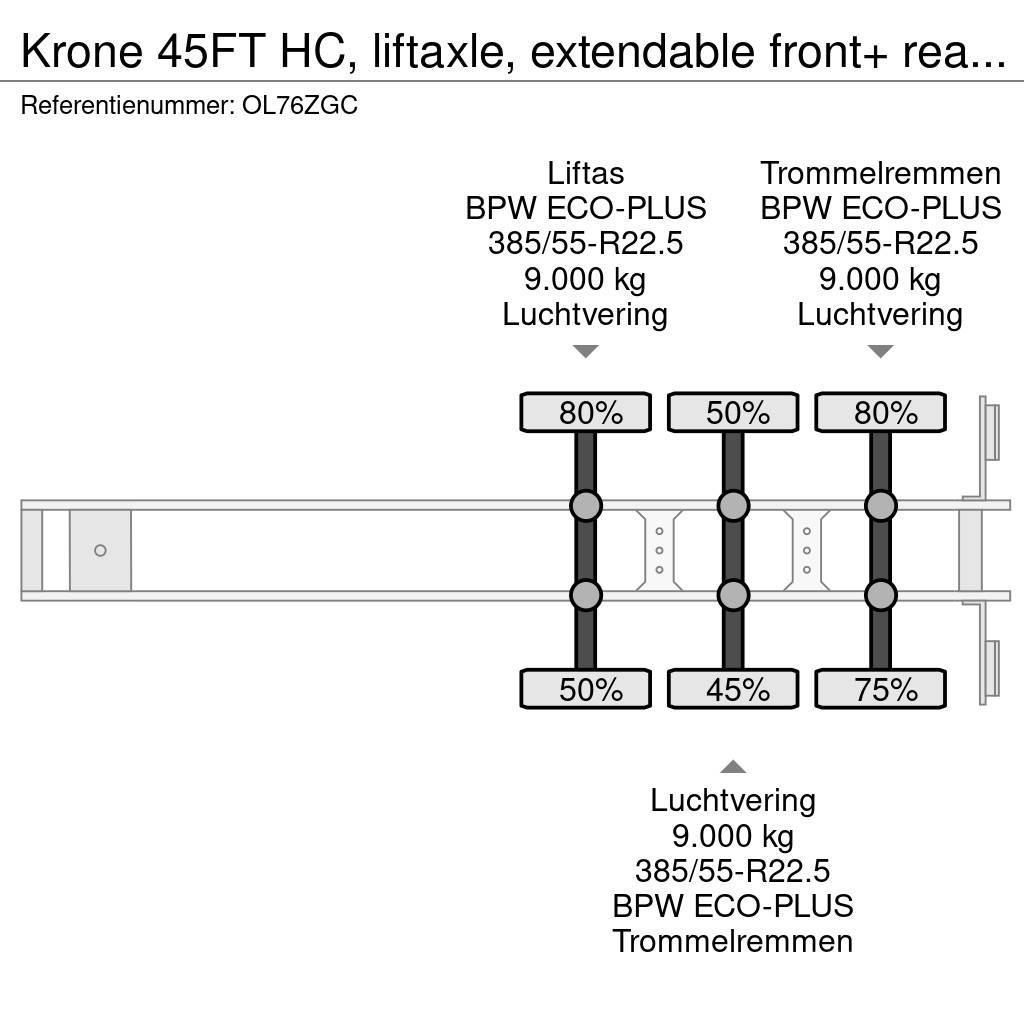 Krone 45FT HC, liftaxle, extendable front+ rear+ bumper, Semirremolques portacontenedores