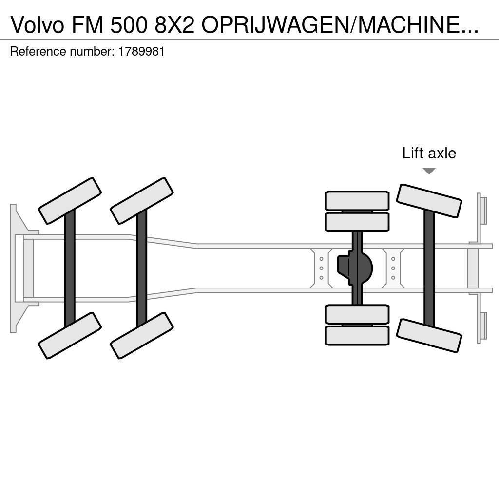 Volvo FM 500 8X2 OPRIJWAGEN/MACHINE TRANSPORTER + HIAB 3 Crane trucks